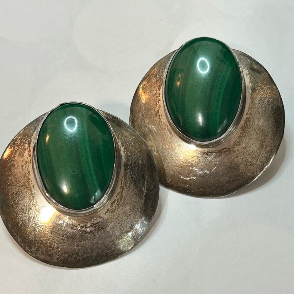 Navajo Large Malachite Earrings #A27 Signed JN Sterling Navajo 1.5”